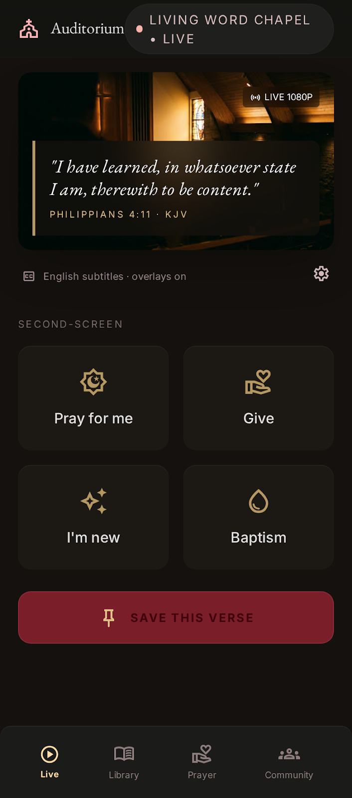 Auditorium live service — the verse on screen as it is spoken, with Pray for me, Give, I'm new and Baptism on the second screen