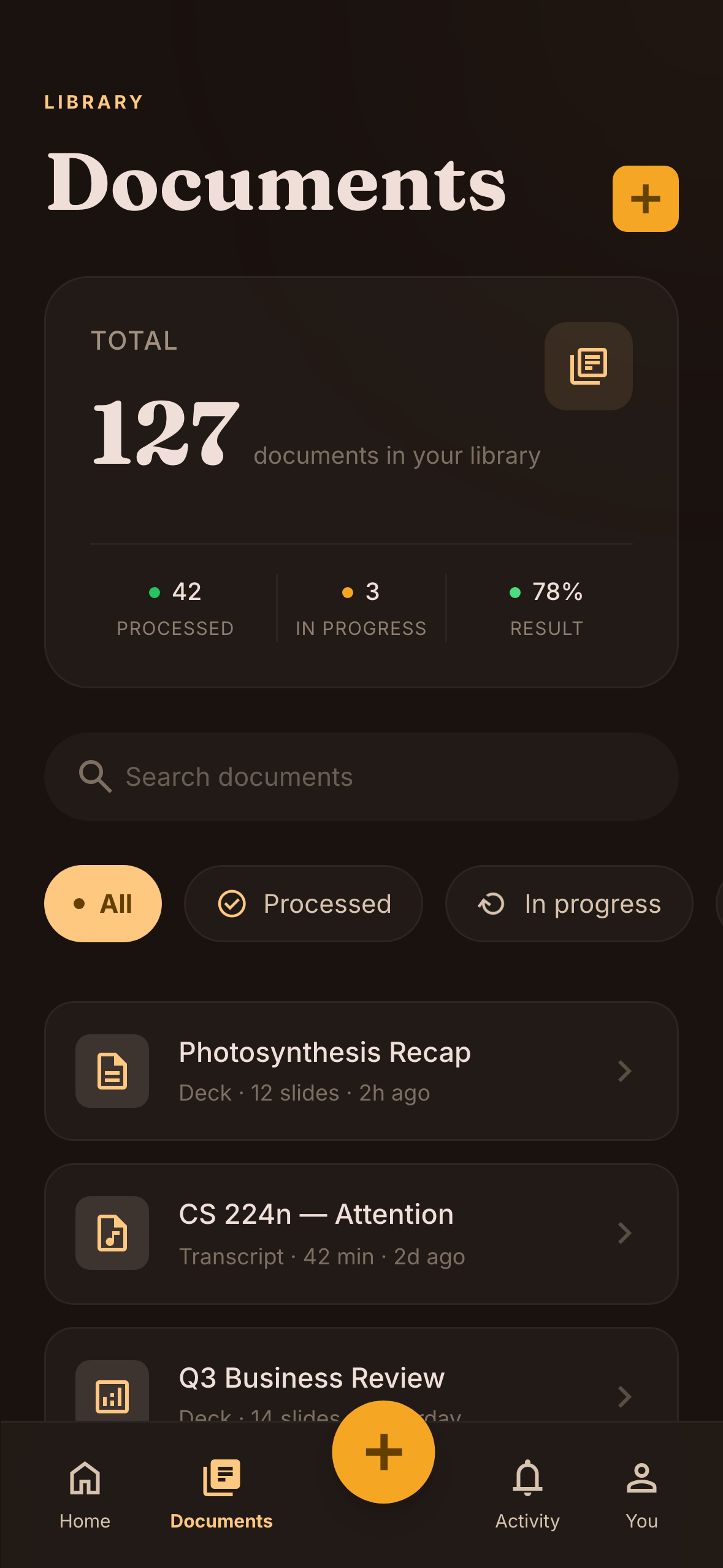 Lumera document library — 127 documents, processed and in-progress counts, with confidence scoring