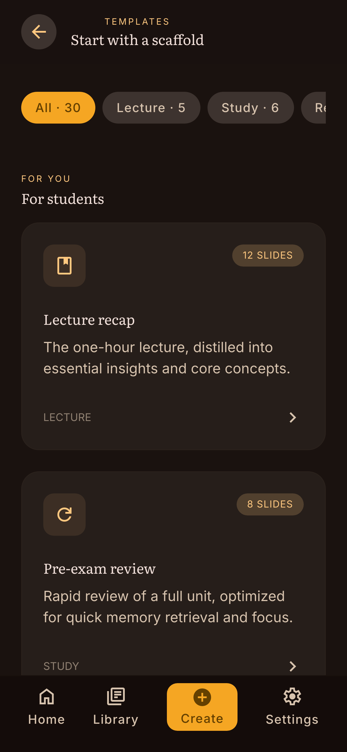 Lumera deck templates — lecture recap and pre-exam review scaffolds ready to build from