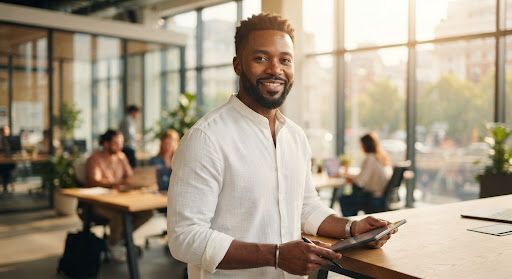 A community leader with a tablet in a bright gathering space