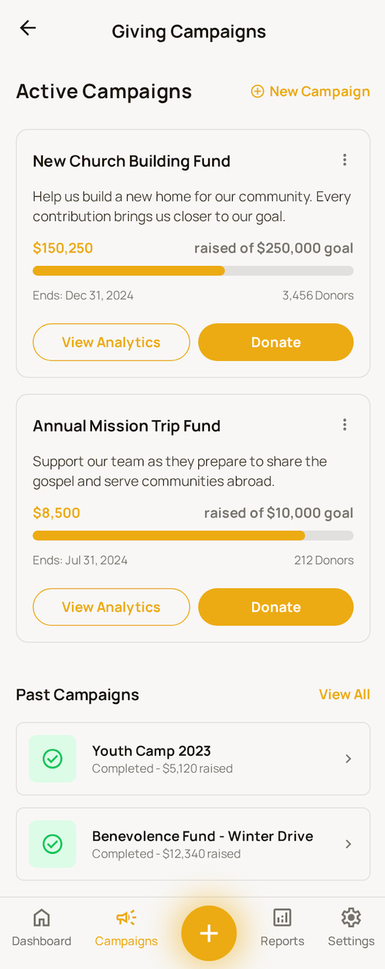 Mite giving campaigns — building fund and mission trip progress, with Donate buttons