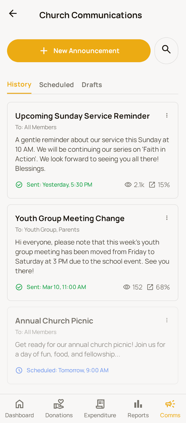 Church communications — announcements, scheduled for Sunday, reaching every member
