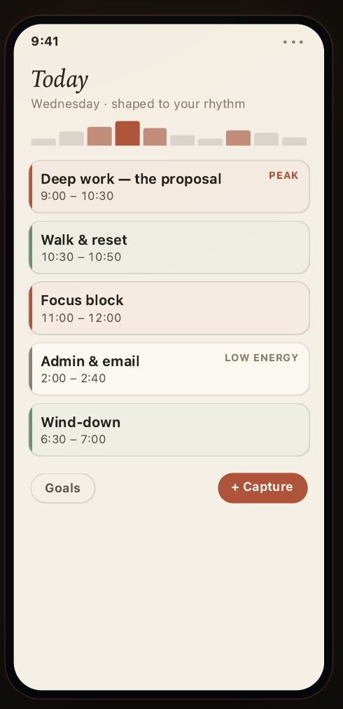 Ritmo Today screen — the day in blocks: deep work at peak, walk and reset, focus block, admin at low energy
