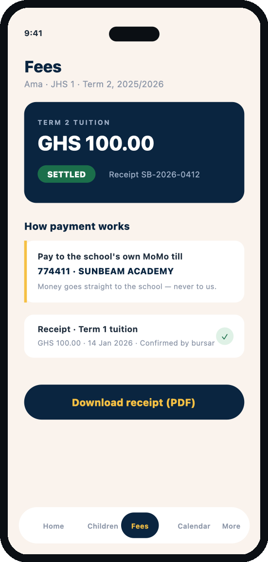 Fees — Term 2 settled, receipt issued, paid to the school's own MoMo till