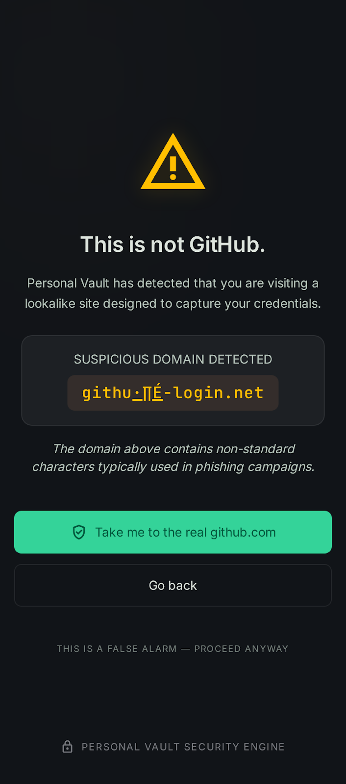 Vault blocking a lookalike phishing site: 'This is not GitHub'