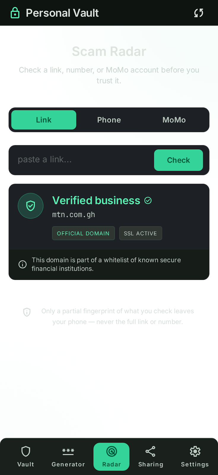 Scam Radar — check a link, number or MoMo account before you trust it