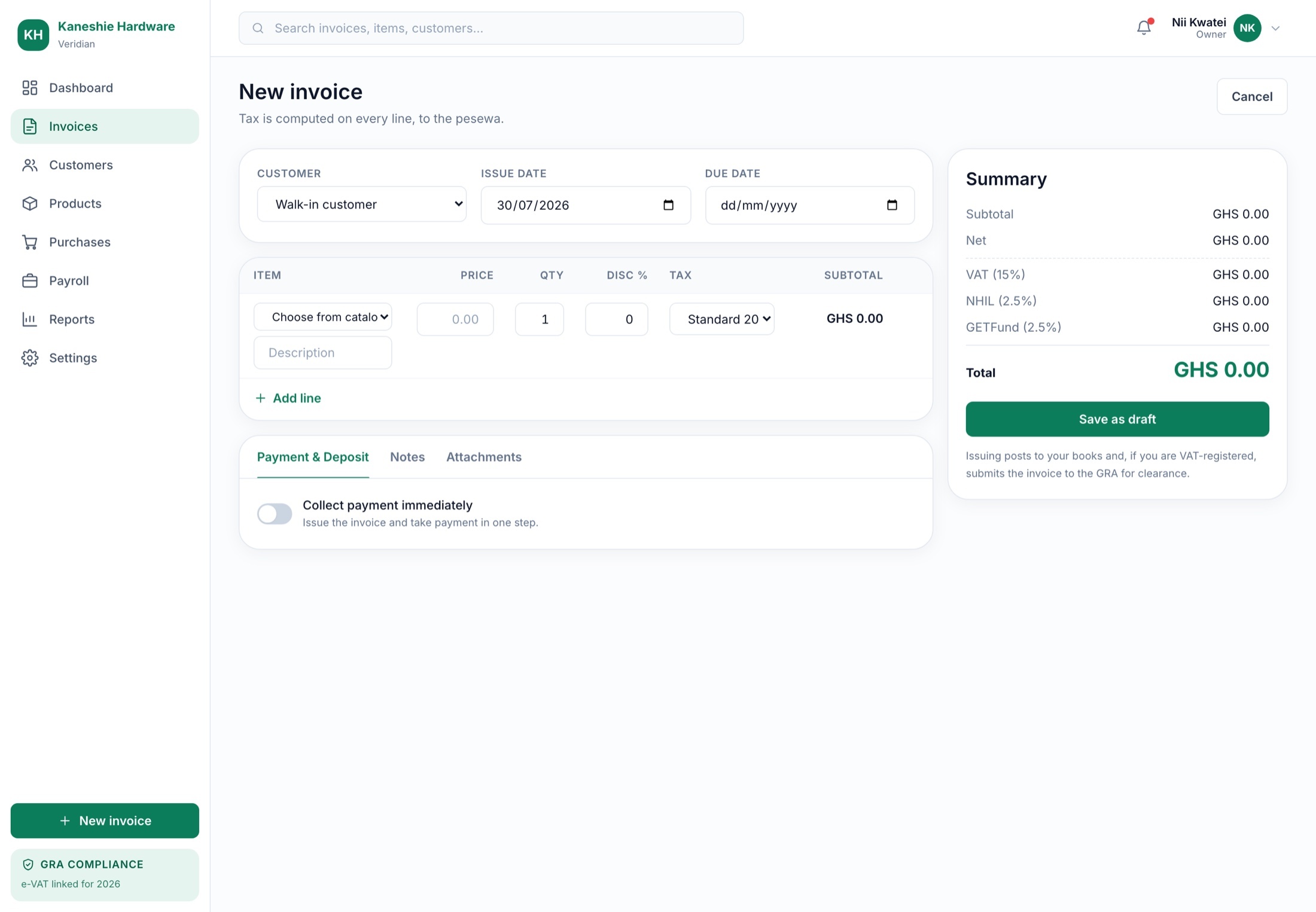 Veridian's reports hub — statements drawn live from a double-entry ledger