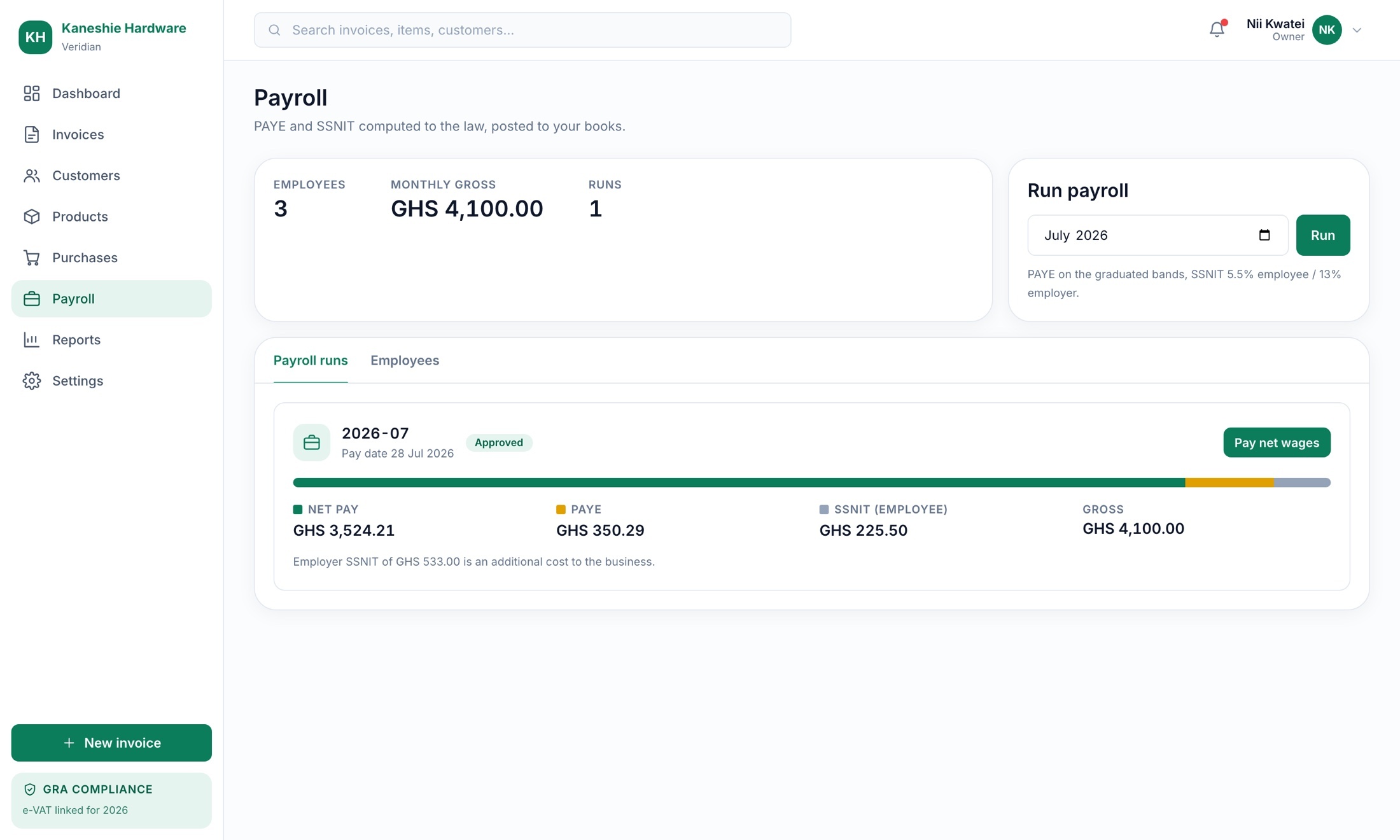 Veridian payroll — net pay, PAYE and SSNIT computed to the law
