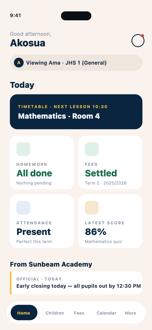 SchoolBridge parent app home